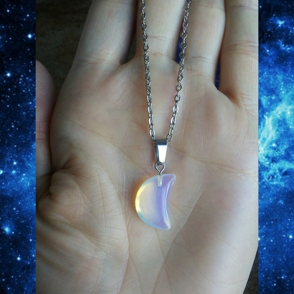 🌙💙Crescent Moon Opalite Stone Necklace - Picture 8 of 12